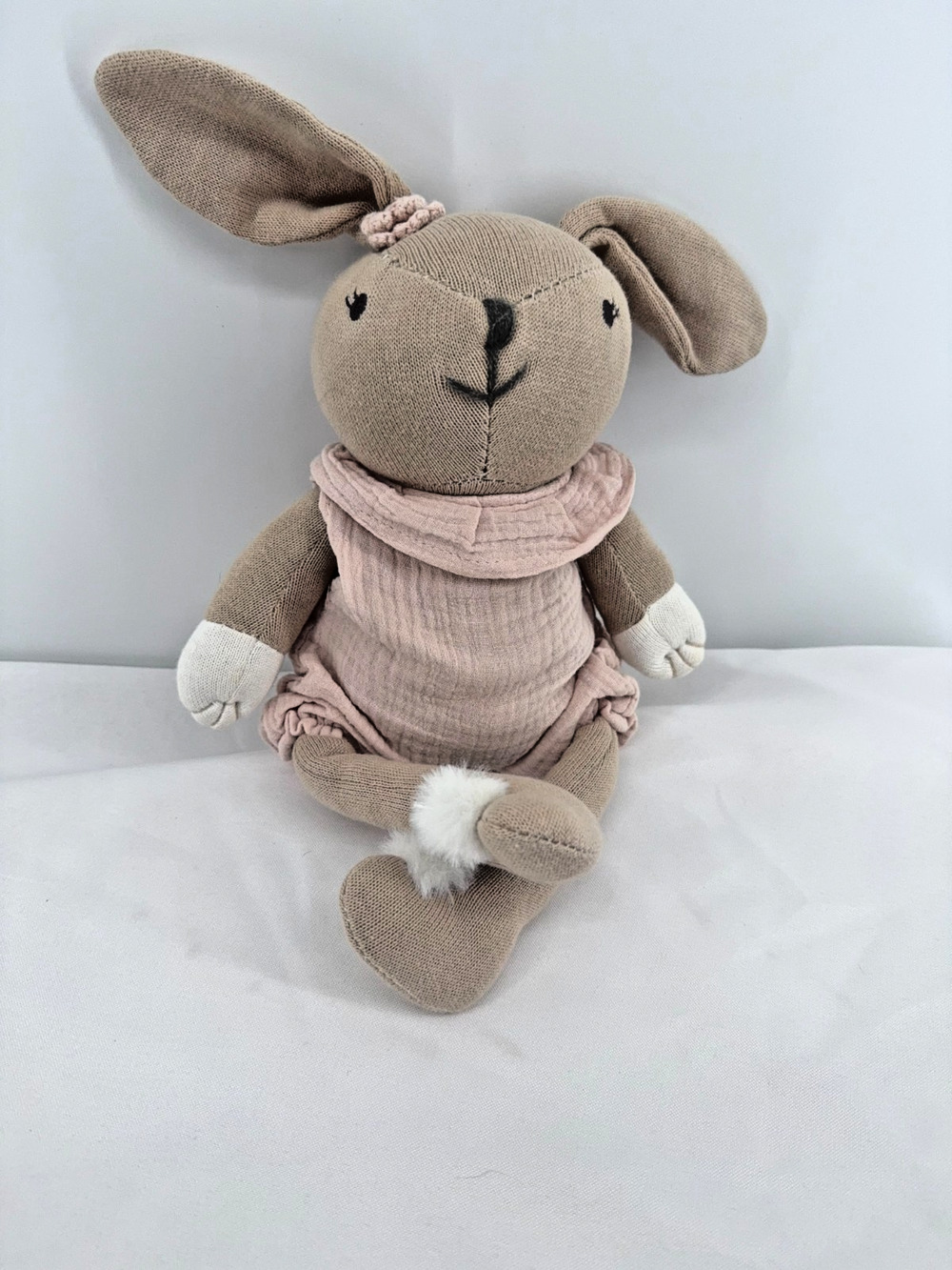 Bunny Rabbit Plush Doll Pink Muslin Romper Knit Stuffed Toy 14 Inch